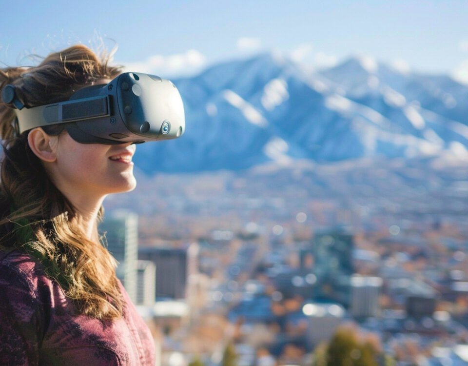 A woman wearing a VR headset stands outside in Salt Lake City