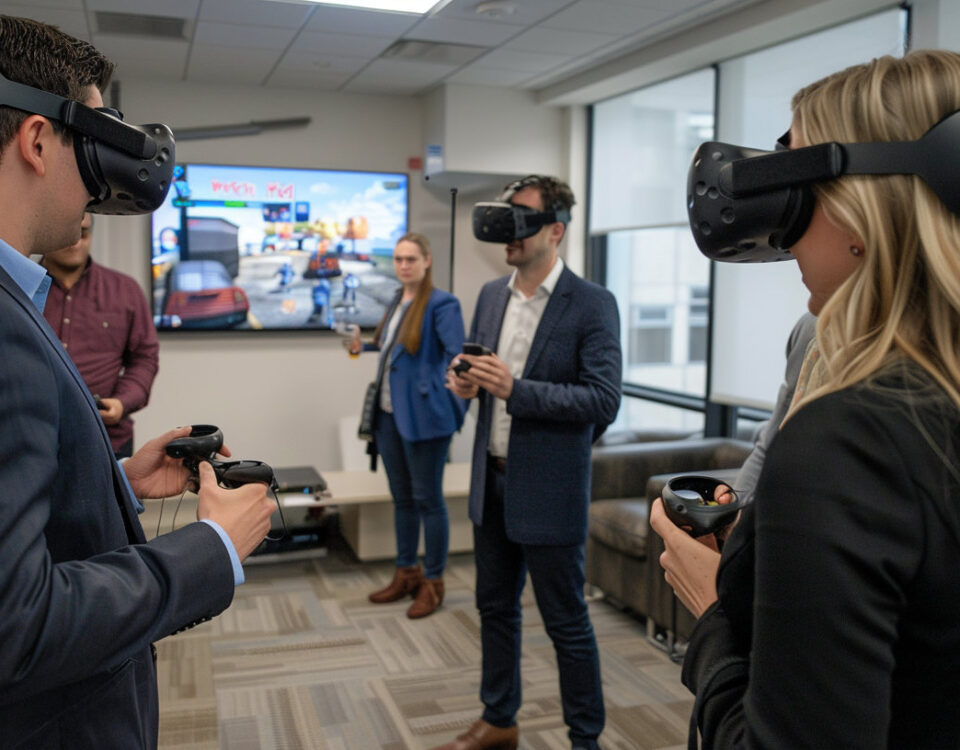 Several professionals stand together in an office wearing VR headsets at a company party