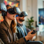 A group of three business professionals use VR headsets at a corporate event