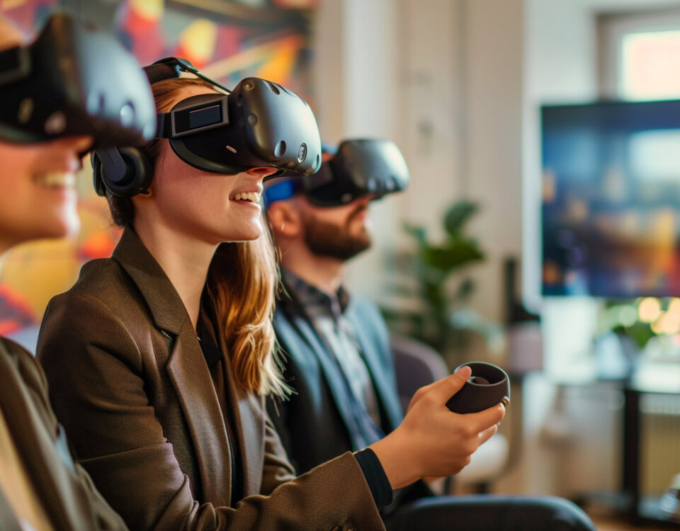 A group of three business professionals use VR headsets at a corporate event