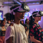 A group of people gather around and play on VR headsets at an event