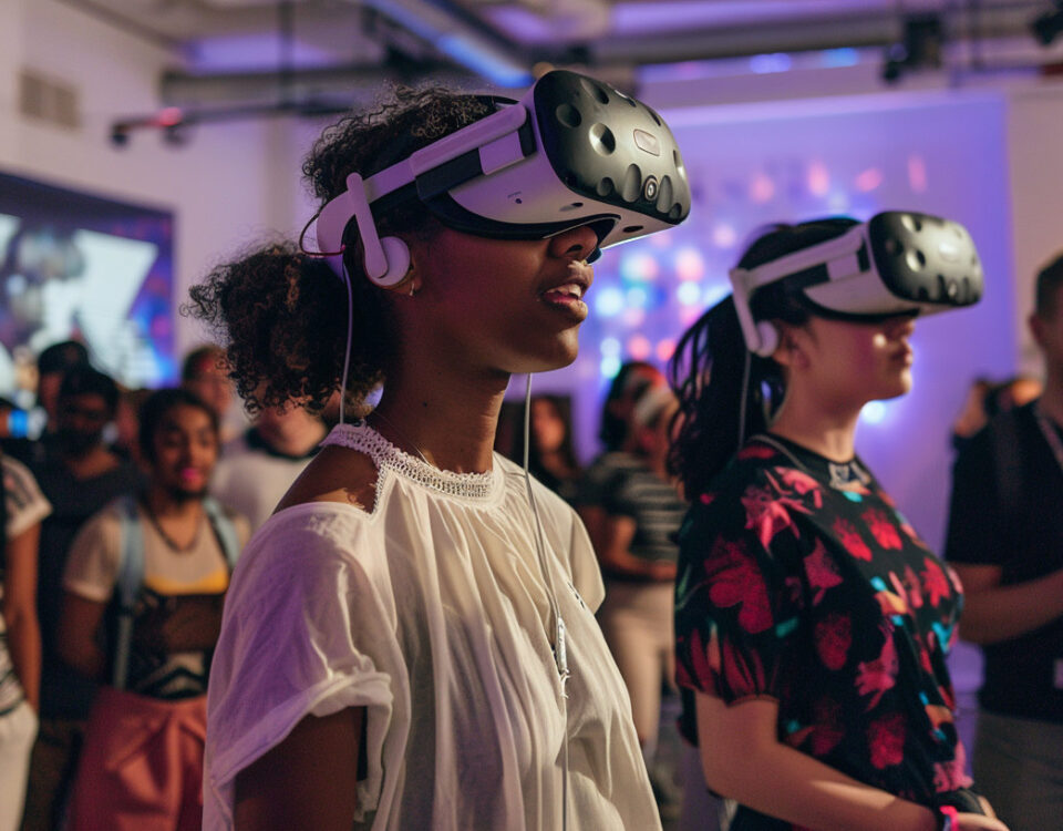 A group of people gather around and play on VR headsets at an event