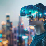 A woman wearing a VR headset experiences a futuristic city