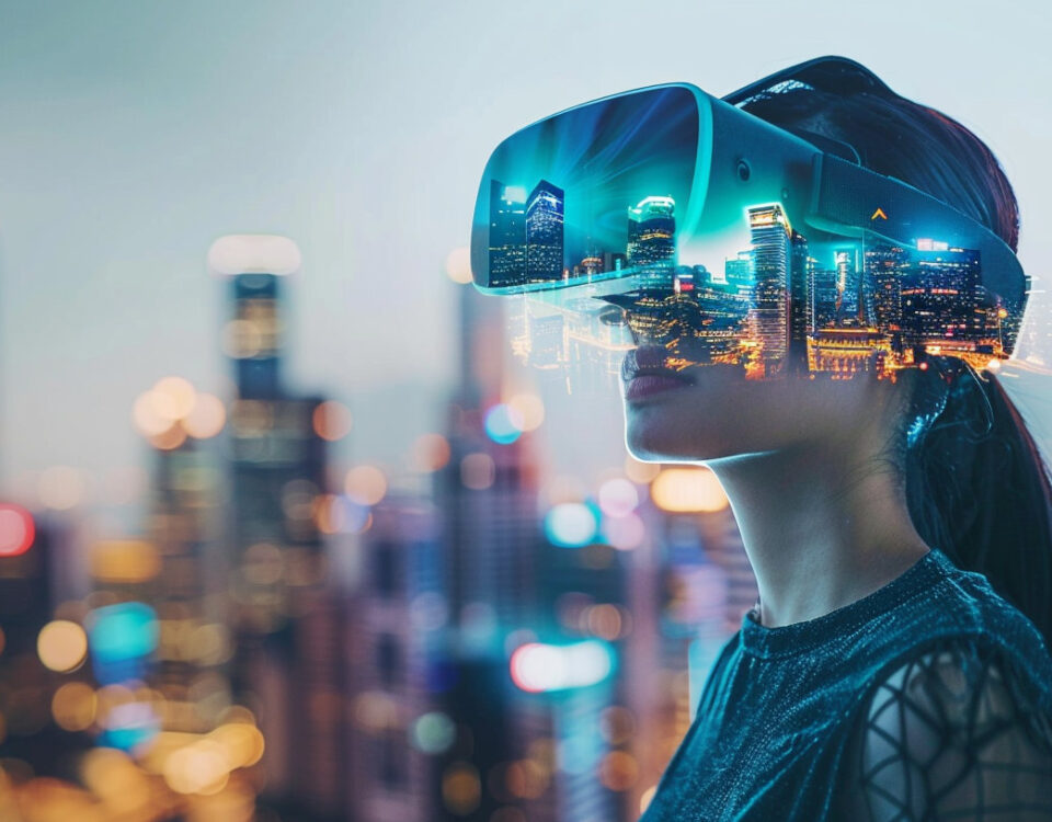 A woman wearing a VR headset experiences a futuristic city