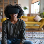 A woman sits in her living room enjoying the use of a VR headset