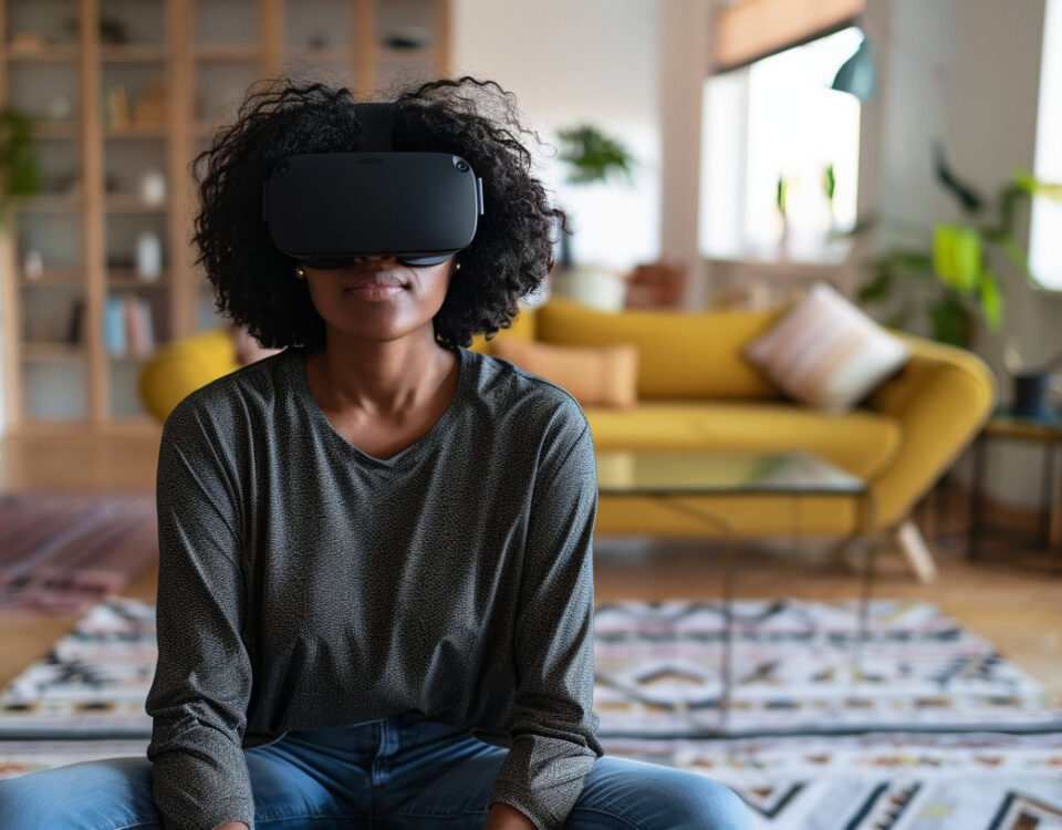 A woman sits in her living room enjoying the use of a VR headset