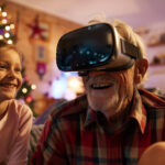 An elderly man man experiences VR with his grandchildren