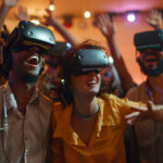 A group of friends at a party play VR games