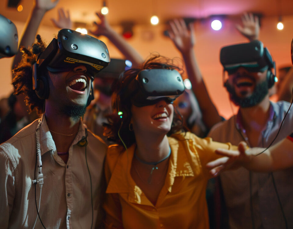 A group of friends at a party play VR games