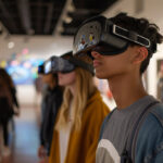 A group of college age students enjoy a VR art exhibit