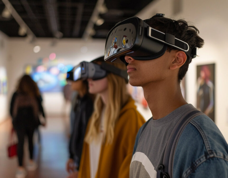 A group of college age students enjoy a VR art exhibit