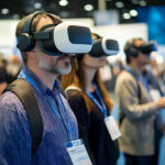 A collection of visitors at a trade show experience a booth in VR