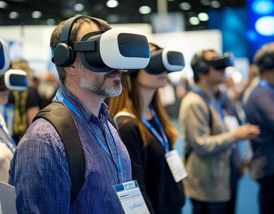 A collection of visitors at a trade show experience a booth in VR